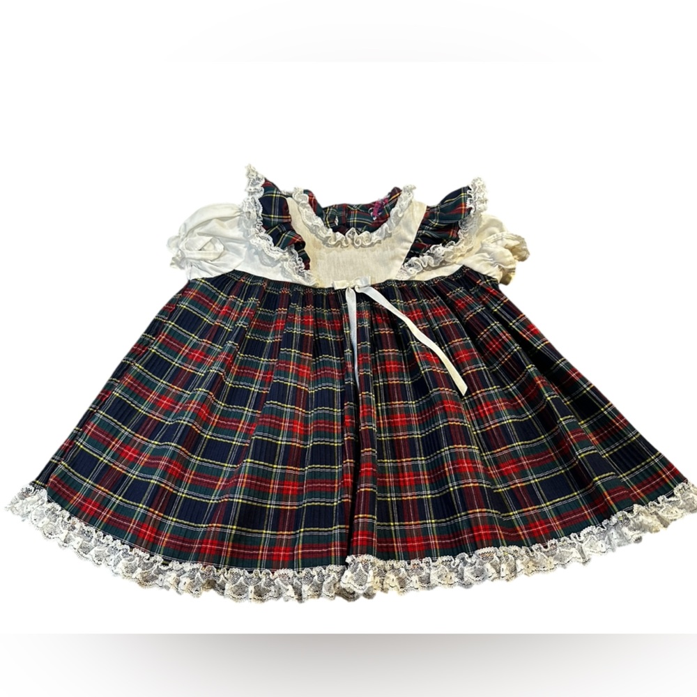 Roanna vintage 12 month pinafore‎ plaid navy, red, green, white and lace trim